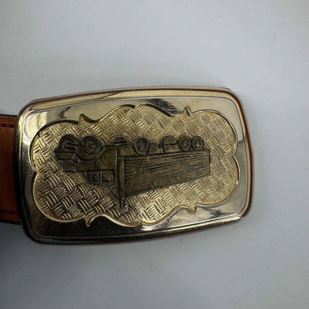 Tom Taylor Mens Brown Tooled Leather Belt Size 38 Silver Gold Semi Truck Buckle